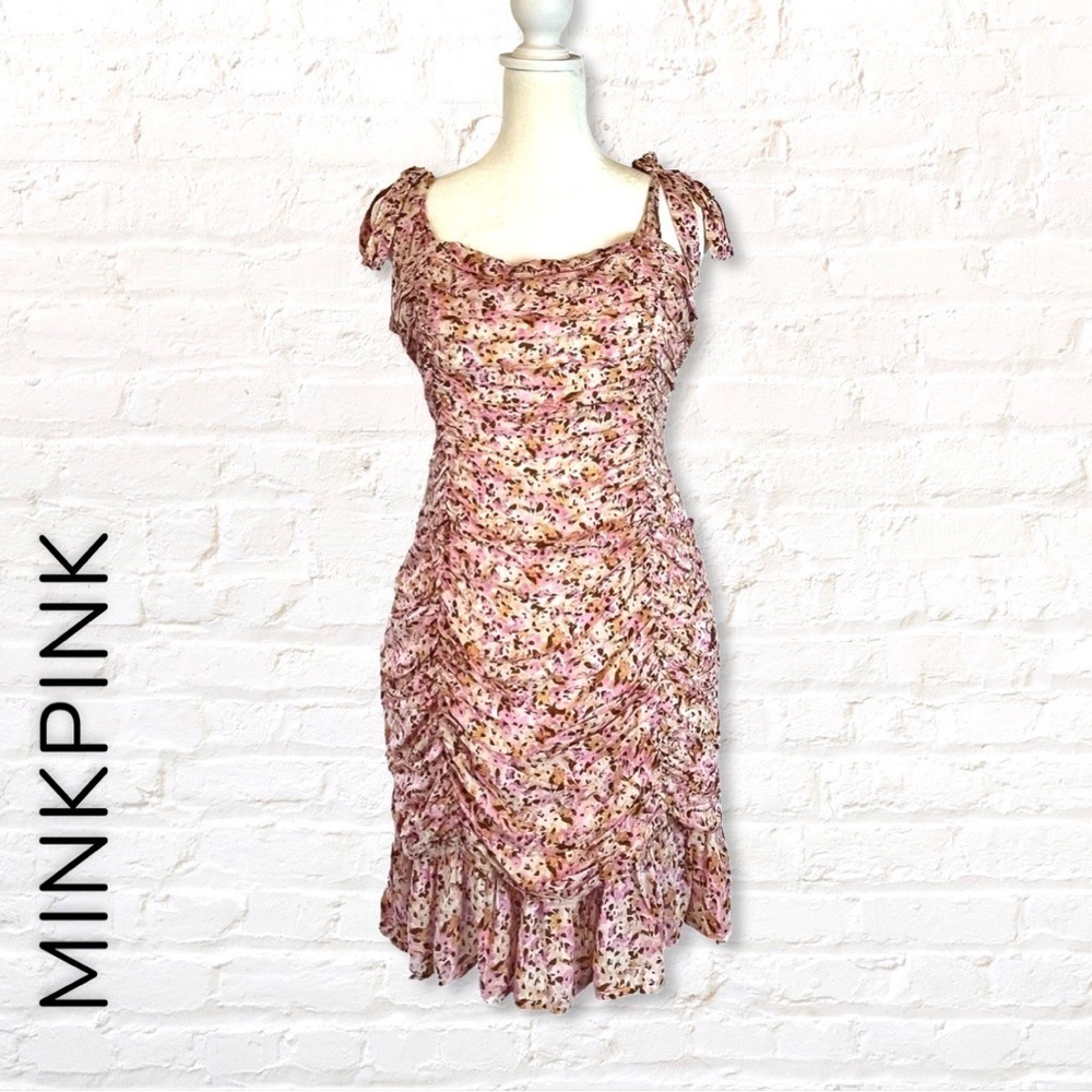 Minkpink Delphine Little Darling Cream and Pink Floral Ruched Mini Dress Large - Picture 3 of 14